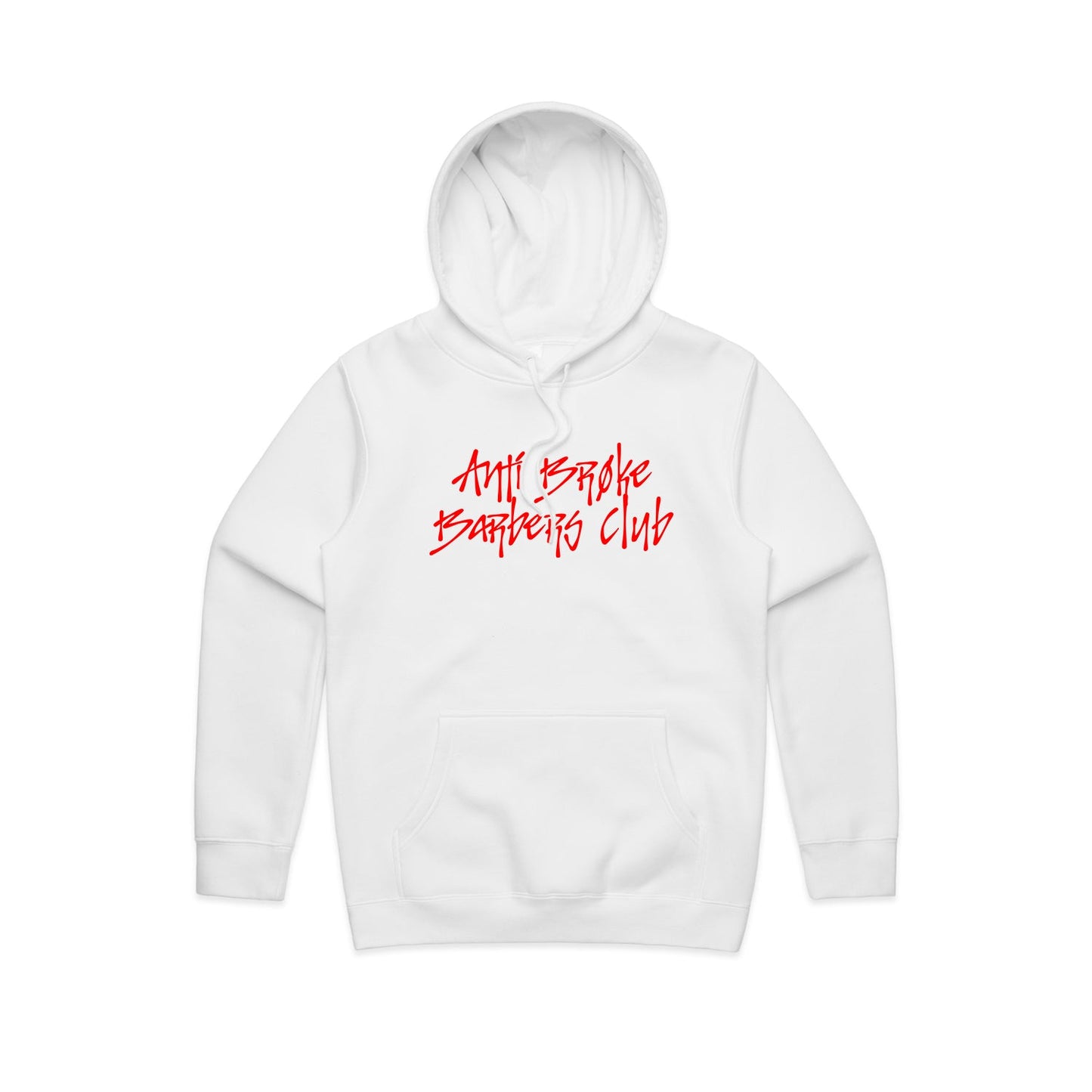 Anti Broke Barbers Club white hoodie with red graffiti logo