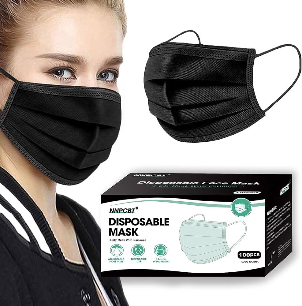 Disposable black face mask 3 ply non woven with ear loops