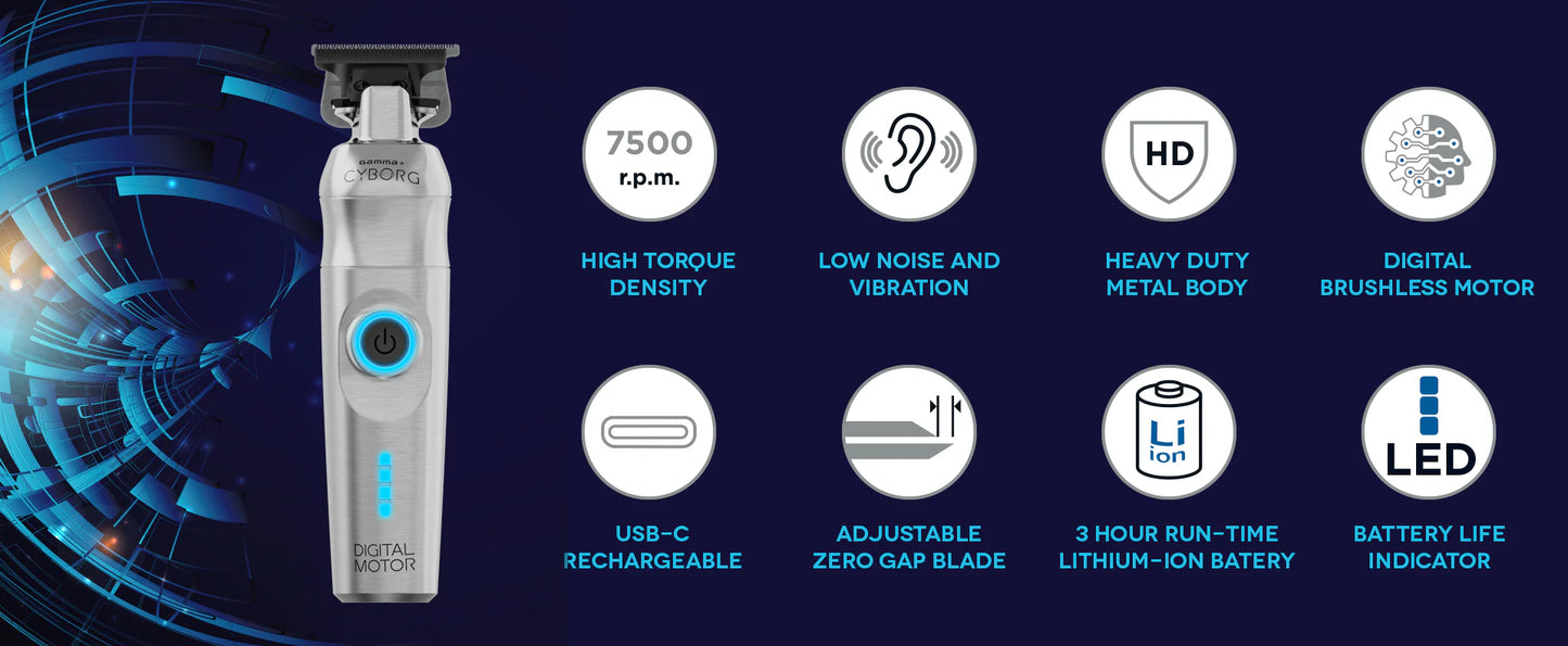 Gamma+ Cyborg Cordless Trimmer – Digital Brushless Motor, Metal Body, USB-C Rechargeable #GP401S