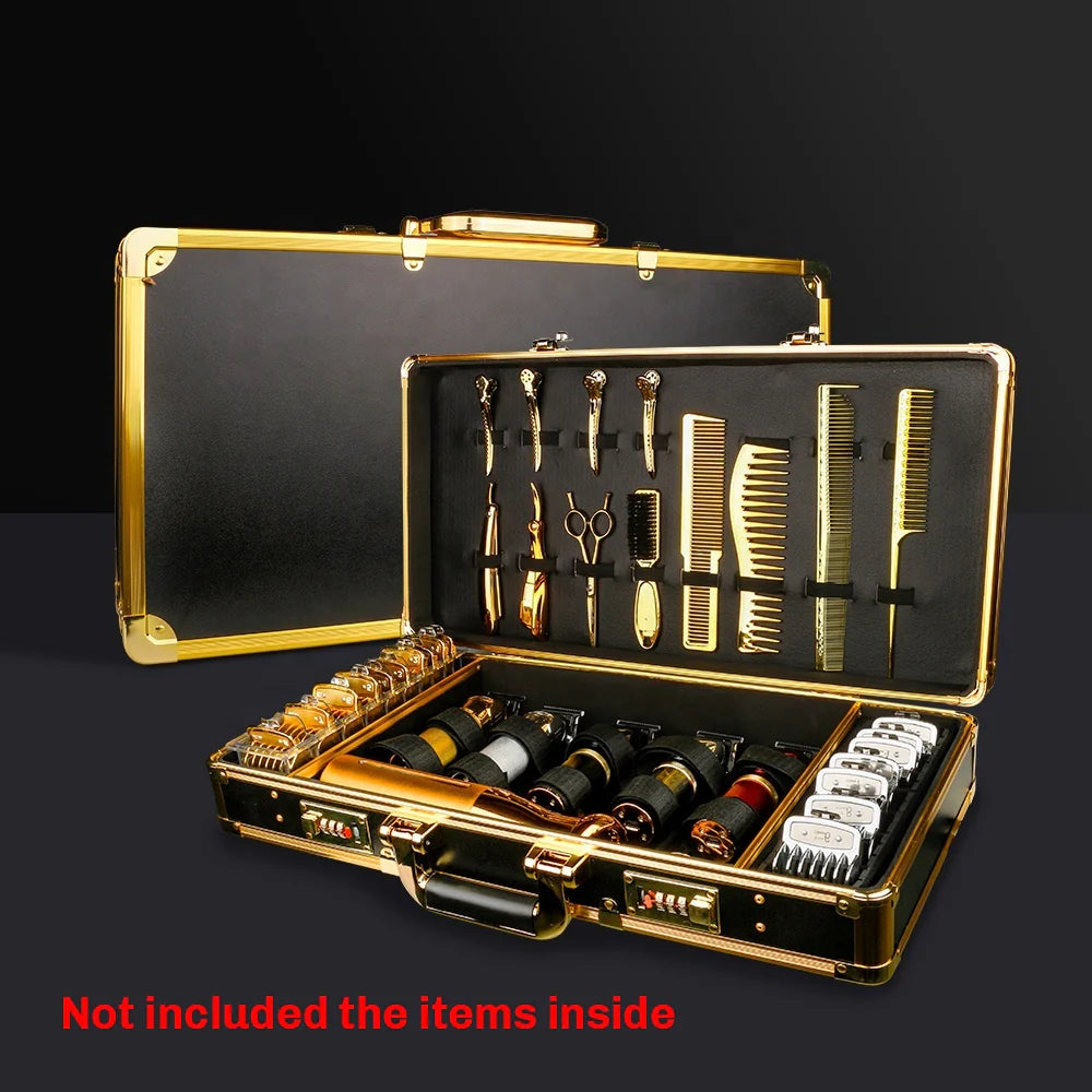 Gold and black barber tool case locked clipper storage