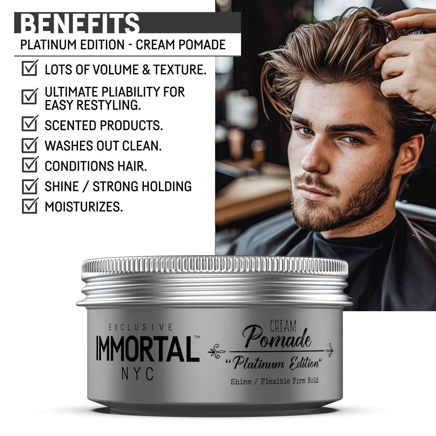 Immortal Platinum Edition Cream Pomade Natural Shine Hair Styling Product....