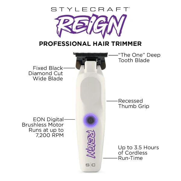 StyleCraft Reign Trimmer white cordless 7200 RPM professional barber trimmer