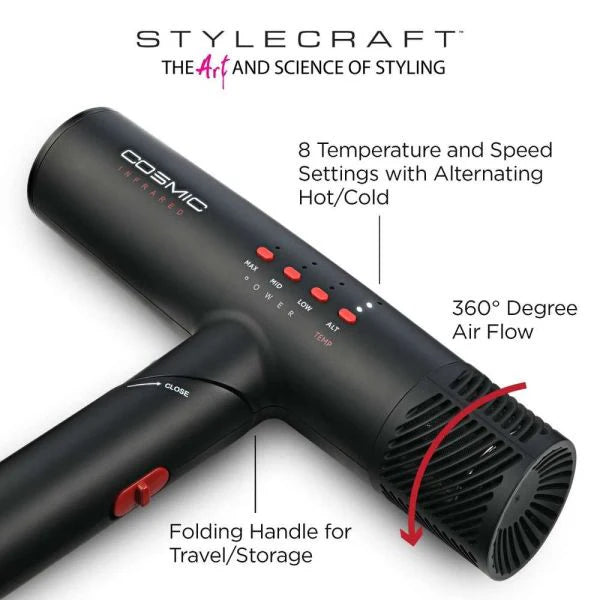 Stylecraft COSMIC Ultra Lightweight Turbo Dryer w/ Infrared Technology #SC101B – 110,000 RPM, 8 Heat/Speed Settings, Ultra-Compact