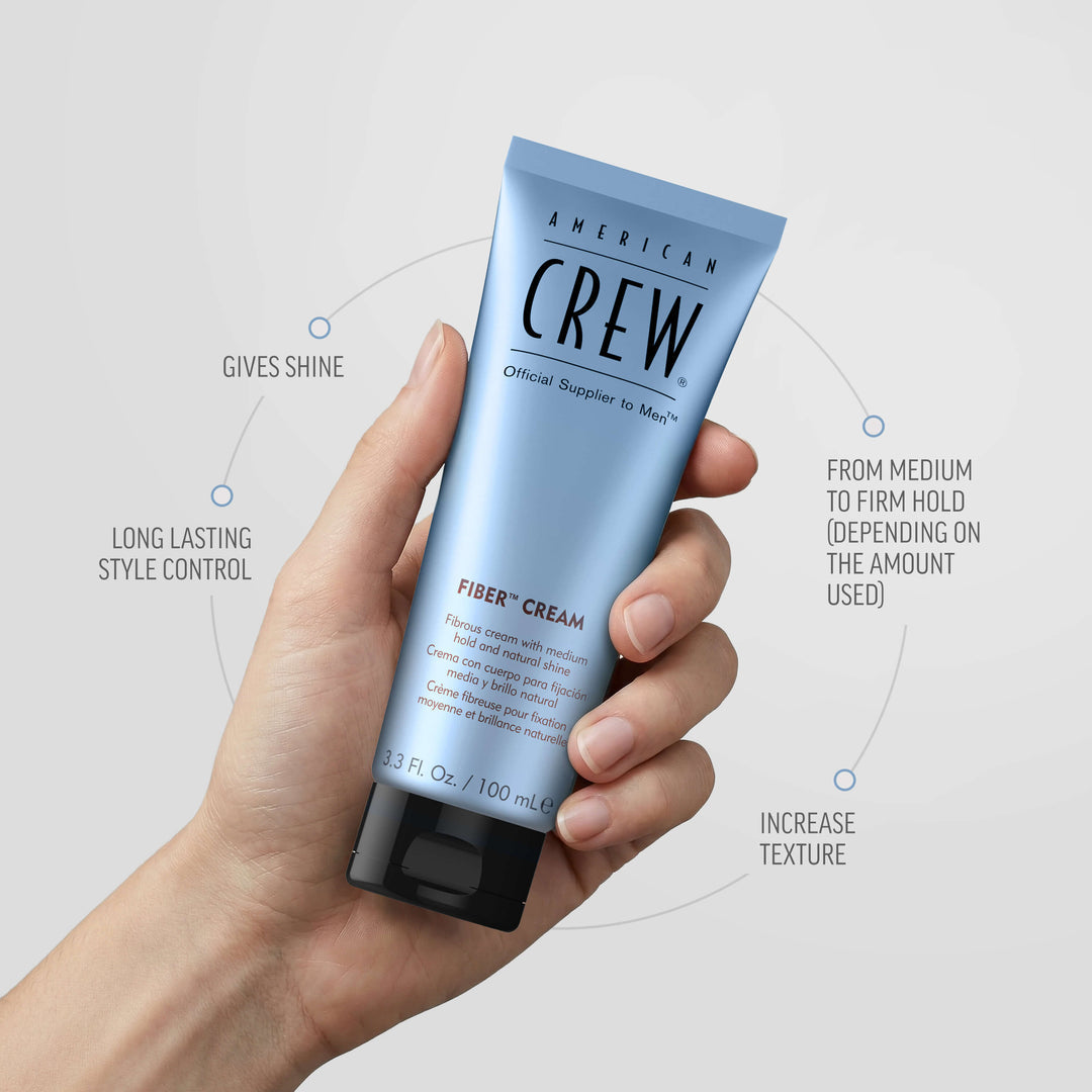 American Crew Fiber Cream benefits graphic with medium hold and shine