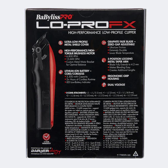 BaBylissPRO LoPROFX Influencer Clipper #FX825RI – Red – retail package back