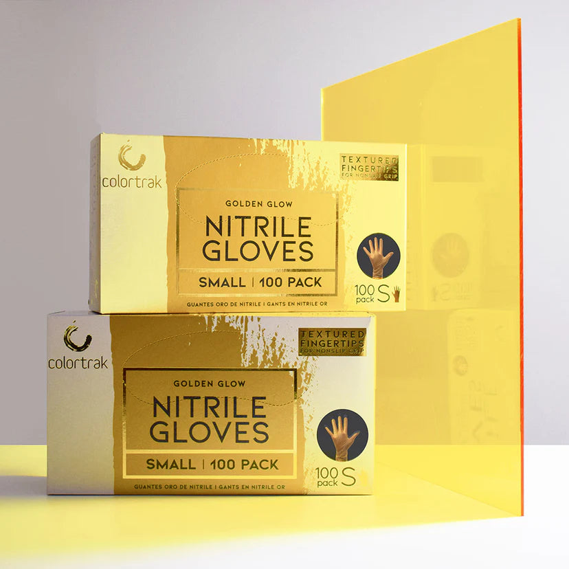 Colortrak Golden Glow nitrile gloves 100-count boxes in gold display