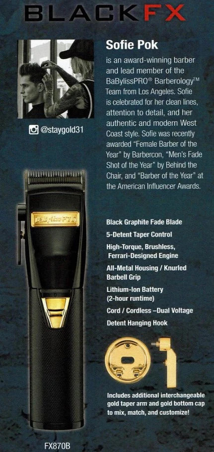 BaByliss PRO BlackFX Cordless Clipper - Limited Edition Influencer Collection # FX870B