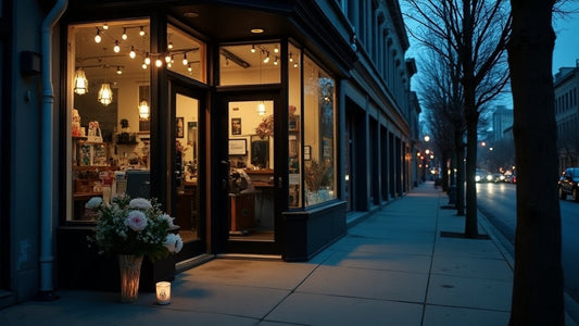 Quiet barbershop storefront at dusk with flowers and candles left outside in memory of a slain Minneapolis barber