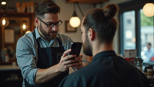 Barber and client reviewing a haircut reference photo on a phone during a consultation in a modern barbershop