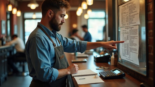 Barbershop owner reviewing an updated price list at the front desk with a barber working in the background