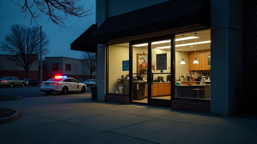 Salon storefront at dusk with police lights reflected in the window, illustrating the San Antonio salon robbery shooting story