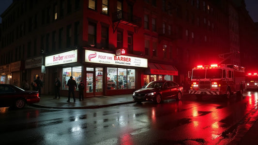 Nighttime view of a Bronx barbershop storefront with fire department lights outside following a lithium-ion battery fire.