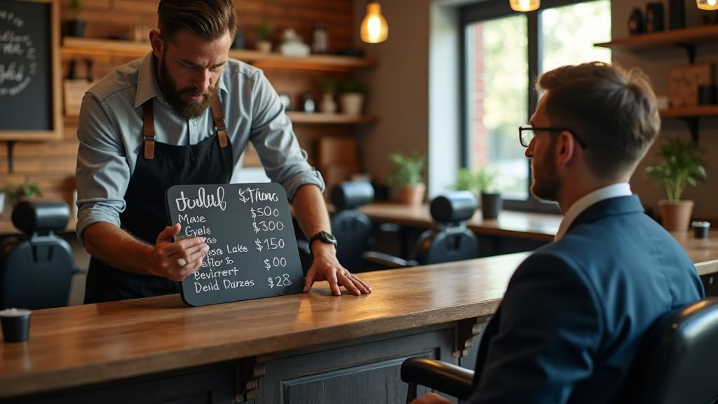 Barber explaining an updated price menu to a client at the front counter of a modern barbershop