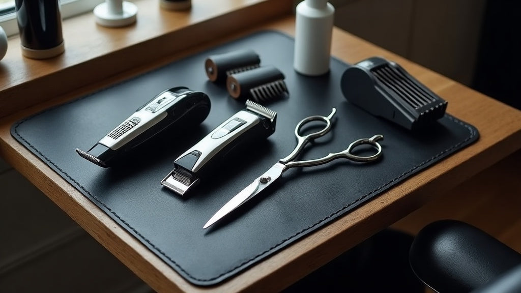 A budget clipper kit with clippers, trimmer, guards, and shears organized on a barbershop station