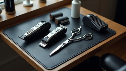 A budget clipper kit with clippers, trimmer, guards, and shears organized on a barbershop station