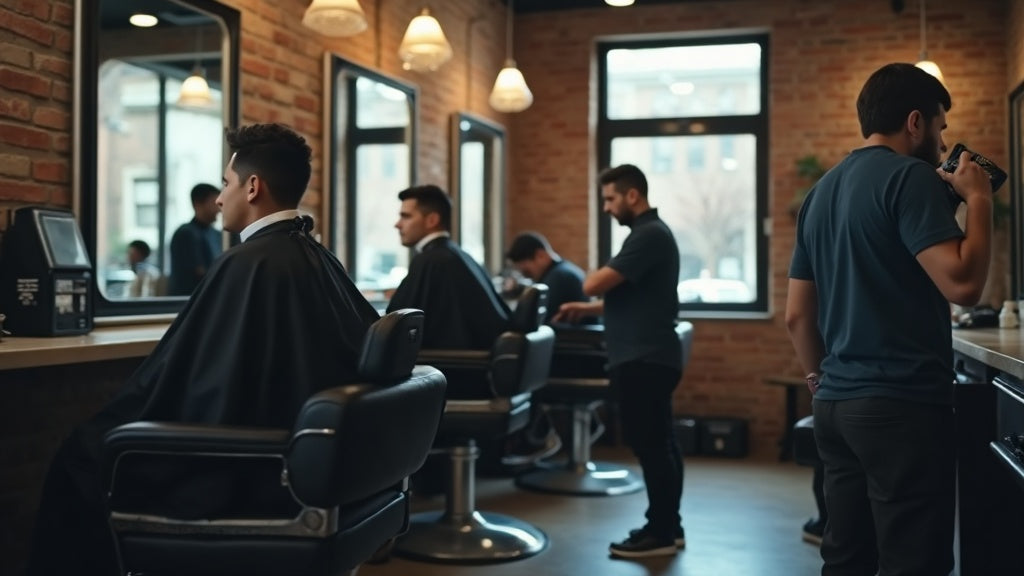 Barbers mid-fade using different cordless clippers across stations in a busy modern barbershop