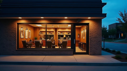 Modern barbershop storefront at dusk with a security camera visible near the entrance, reflecting shop safety upgrades