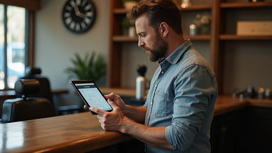 Barbershop owner reviewing new client booking data on a tablet at the front desk