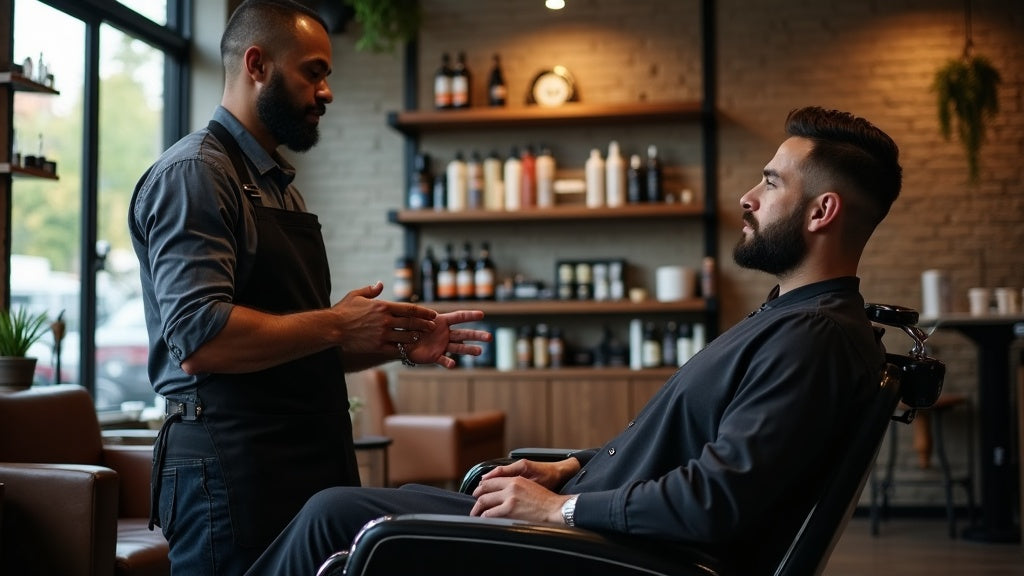 Barber recommending a retail grooming product to a client in a modern barbershop