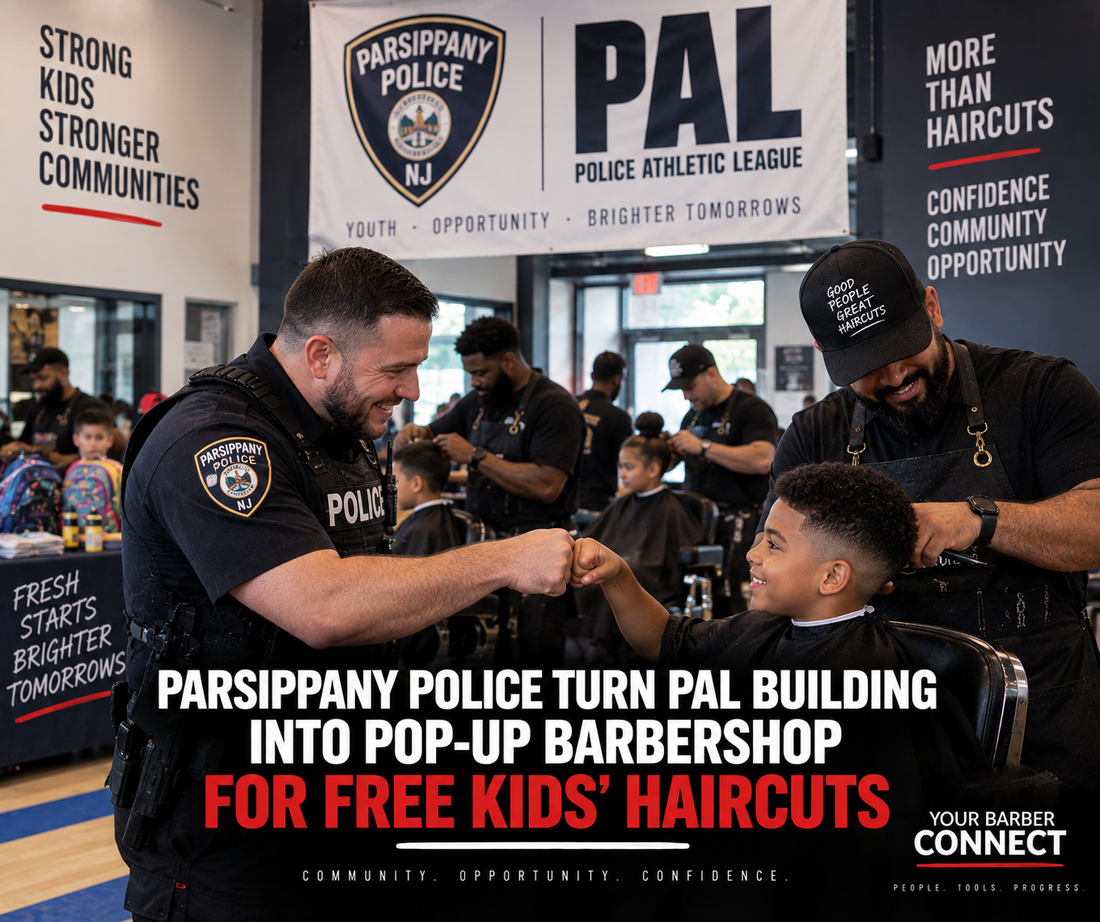 Your Barber Connect-Parsippany Police Turn PAL Building Into Pop-Up Barbershop for Free Kids' Haircuts