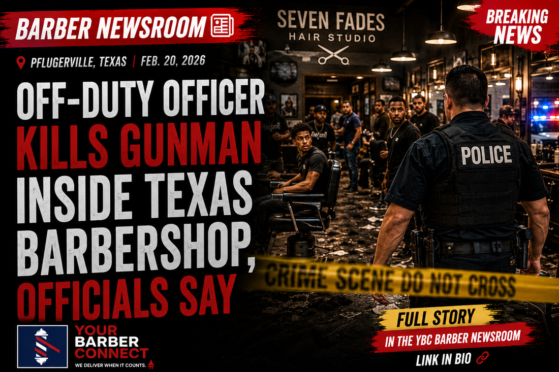 YBC Barber Newsroom graphic depicting the Seven Fades Hair Studio shooting in Pflugerville, Texas, where an off-duty Austin police officer stopped an armed gunman.