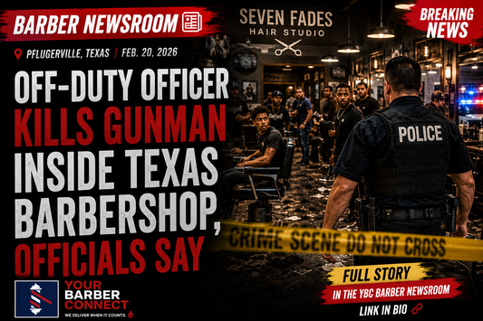 YBC Barber Newsroom graphic depicting the Seven Fades Hair Studio shooting in Pflugerville, Texas, where an off-duty Austin police officer stopped an armed gunman.