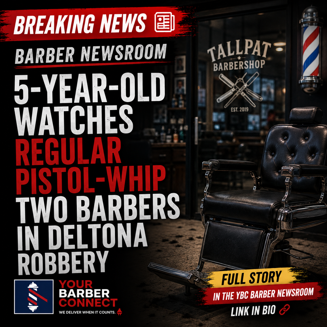 YBC Barber Newsroom illustration for the Deltona barbershop robbery where two barbers were attacked and a 5-year-old child witnessed the incident