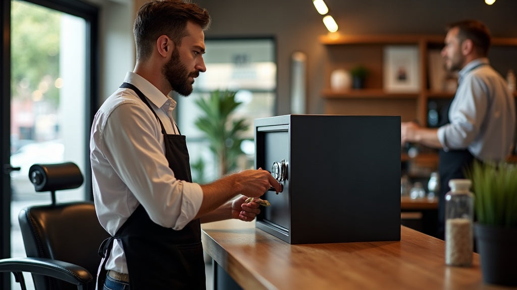 Barber securing cash in a drop safe at the front desk with a security camera visible in the background