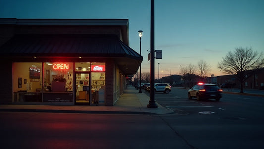 Barbershop storefront at dusk with a police car in the background, representing a Palm Beach trafficking investigation news story