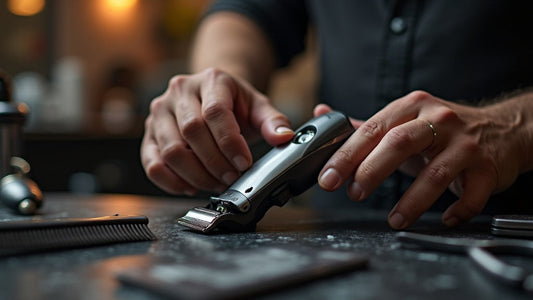 Barber examining the internal motor of a professional clipper on a barbershop counter