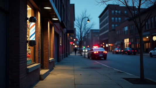 Detroit barbershop storefront at dusk near the scene of a fatal shooting, with police lights visible down the block.