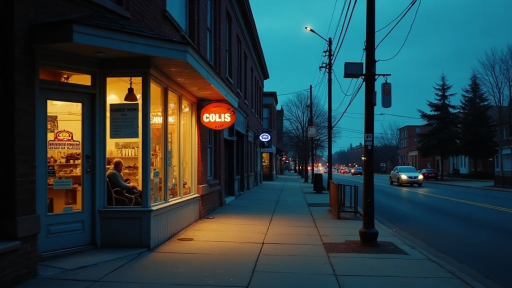 Barbershop storefront at dusk with warm interior lighting, symbolizing shop safety after an armed robbery incident