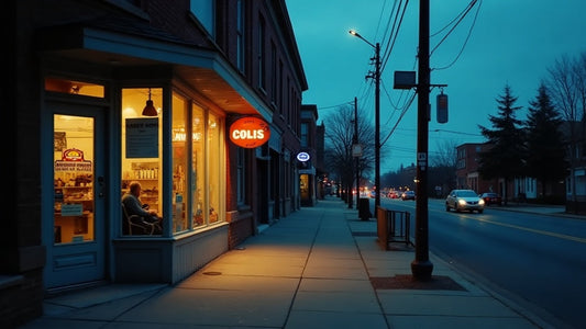 Barbershop storefront at dusk with warm interior lighting, symbolizing shop safety after an armed robbery incident