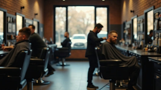 Two barbers mid-fade on clients in a busy modern shop with cordless clipper charging docks visible in the background