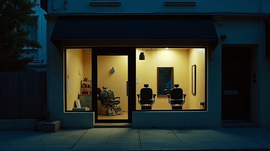 Barbershop storefront at dusk illustrating the need for a shop safety and robbery prevention checklist