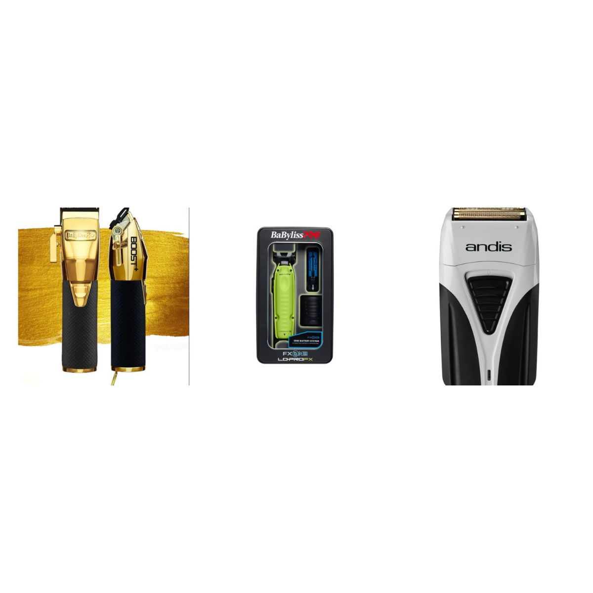 Neon Gold Statement Kit 3-piece bundle: BaBylissPRO Boost clipper, FXONE Neon Yellow trimmer, Andis ProFoil titanium shaver
