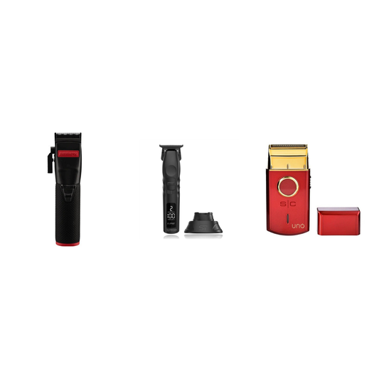 Red Hot Lineup Kit 3-piece bundle: BaBylissPRO RedFX clipper, Supreme 2Spee trimmer, StyleCraft Uno red shaver