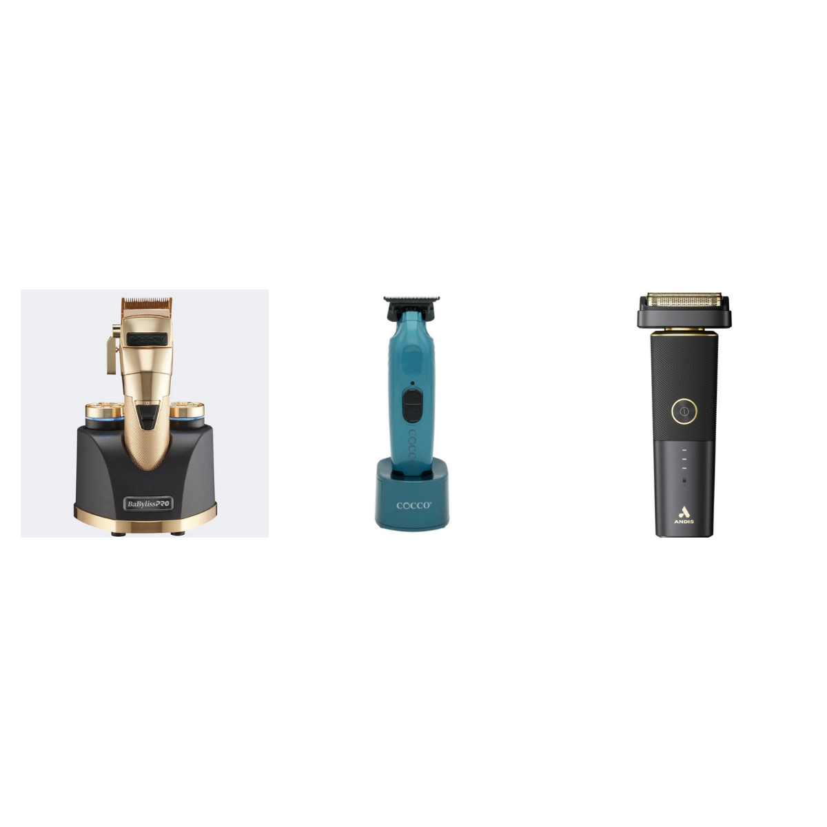 Premium All-Metal Trio 3-piece bundle: BaBylissPRO SnapFX Gold clipper, Cocco Hyper Veloce trimmer, Andis reSURGE shaver