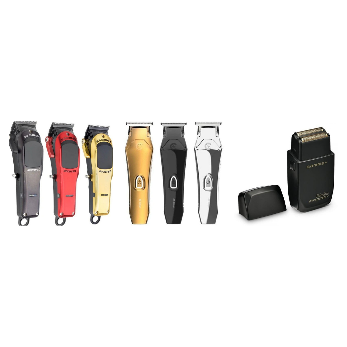 Modular Fade Kit 3-piece bundle: Gamma+ Boosted modular clipper, Caliber Stinger trimmer, Gamma+ Prodigy black shaver