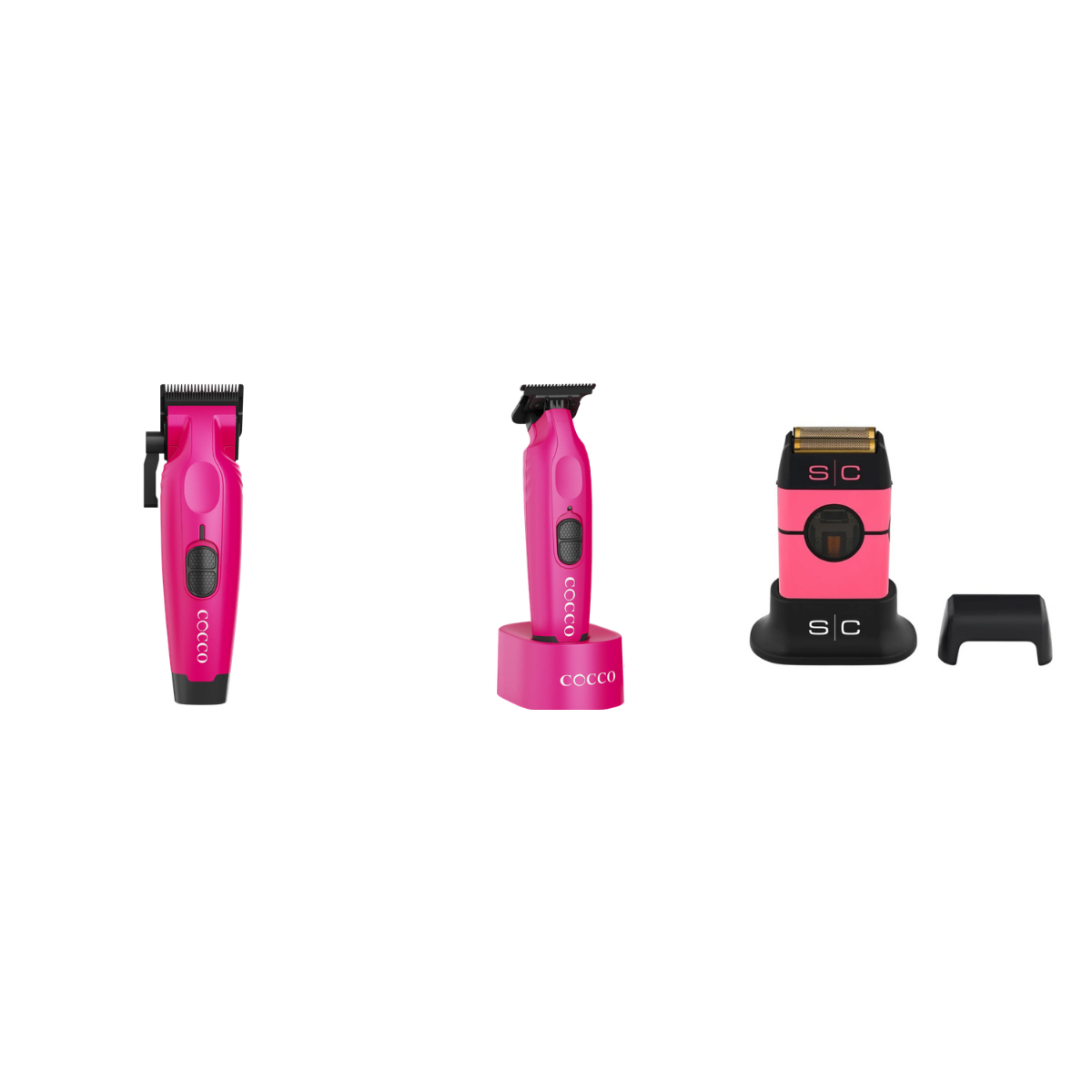 Pink Pro Trio 3-piece bundle: Cocco Hyper Veloce pink clipper, Cocco pink trimmer, StyleCraft Instinct pink shaver