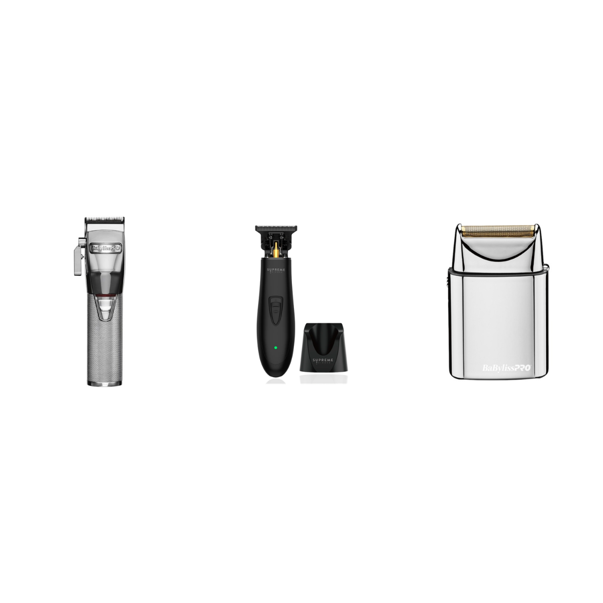 Silver Starter Trio 3-piece bundle: BaBylissPRO SilverFX clipper, Supreme T-Shaper trimmer, BaBylissPRO FoilFX01 silver shaver