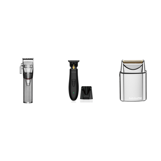 Silver Starter Trio 3-piece bundle: BaBylissPRO SilverFX clipper, Supreme T-Shaper trimmer, BaBylissPRO FoilFX01 silver shaver