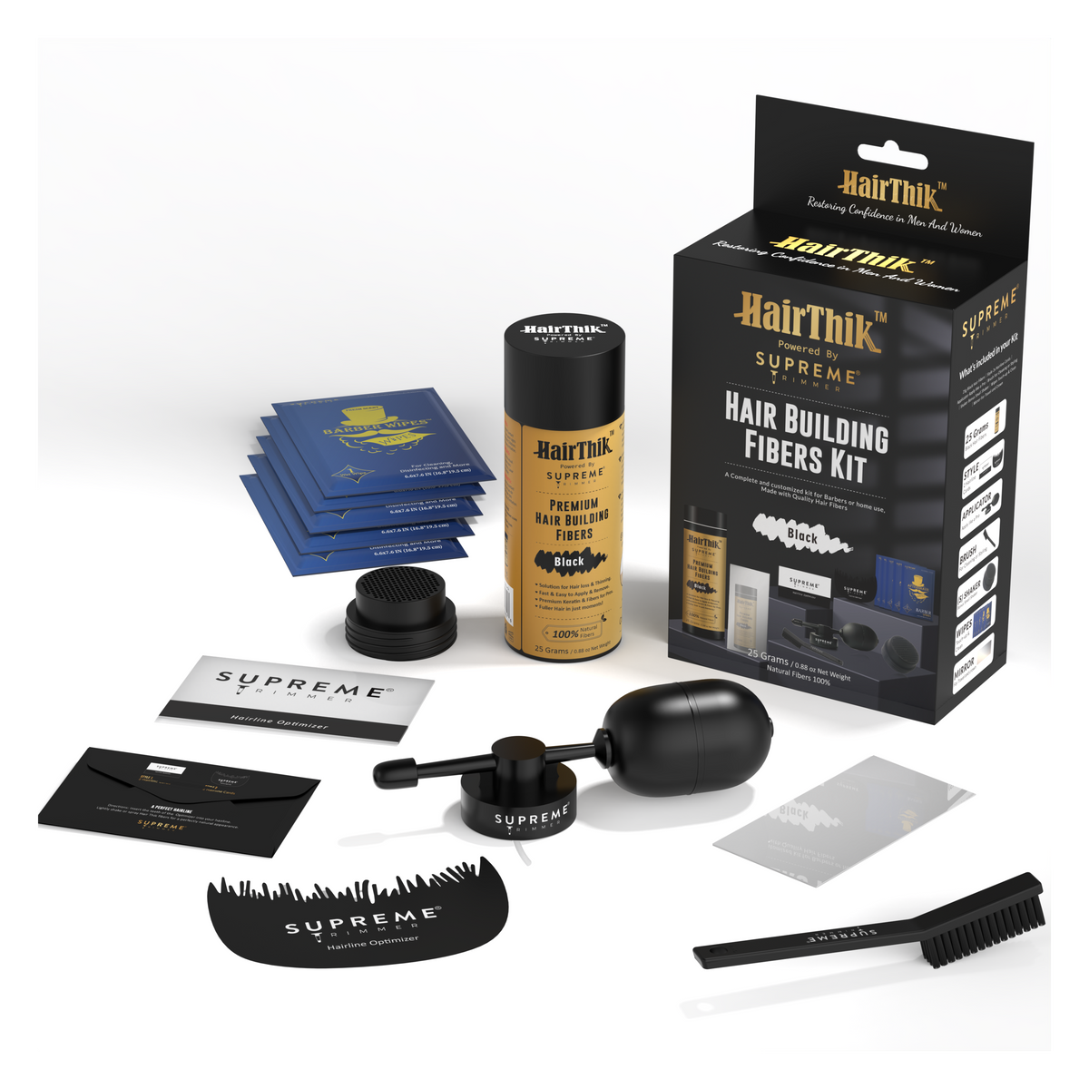 Supreme Trimmer HairThik 11-in-1 hair fiber kit – Black 25g kit contents