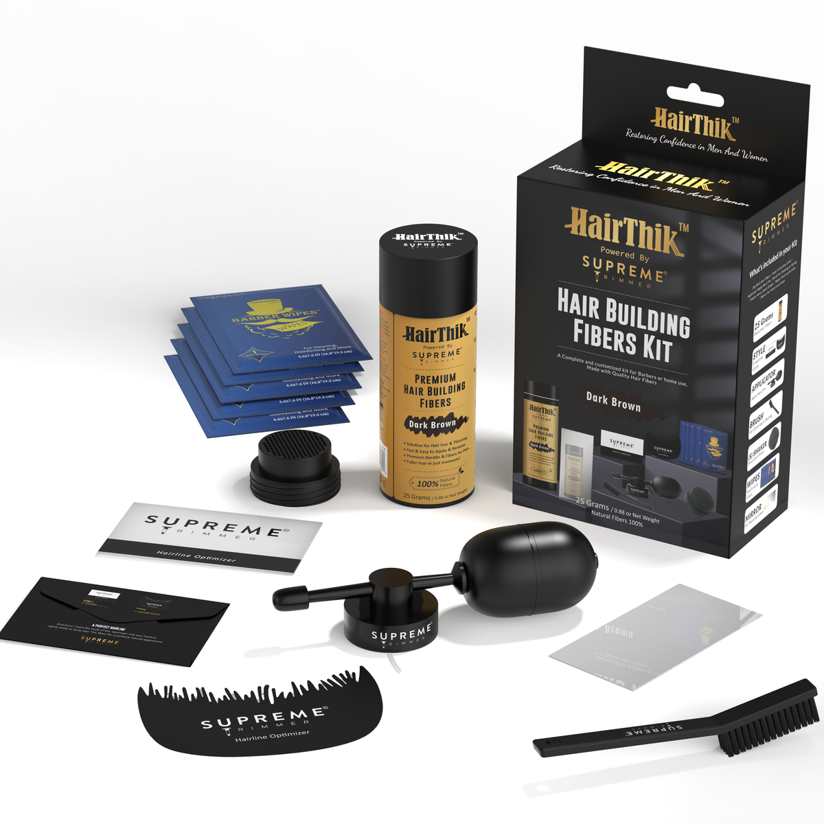 Supreme Trimmer HairThik 11-in-1 hair fiber kit – Dark Brown 25g kit contents