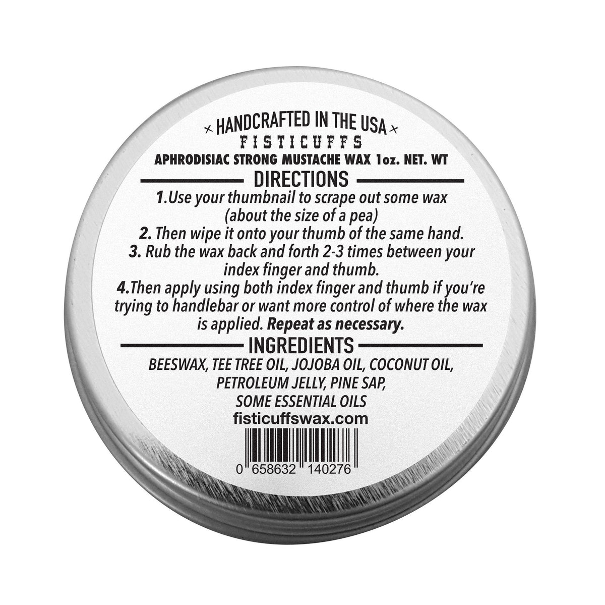 Fisticuffs Aphrodisiac Blend mustache wax back label