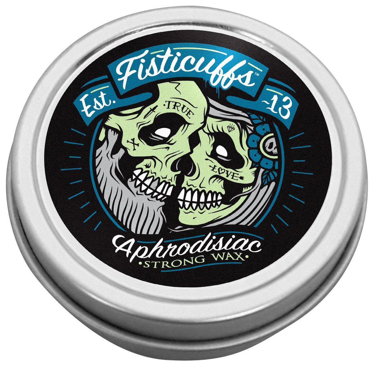 Fisticuffs Aphrodisiac Blend strong hold mustache wax closed tin