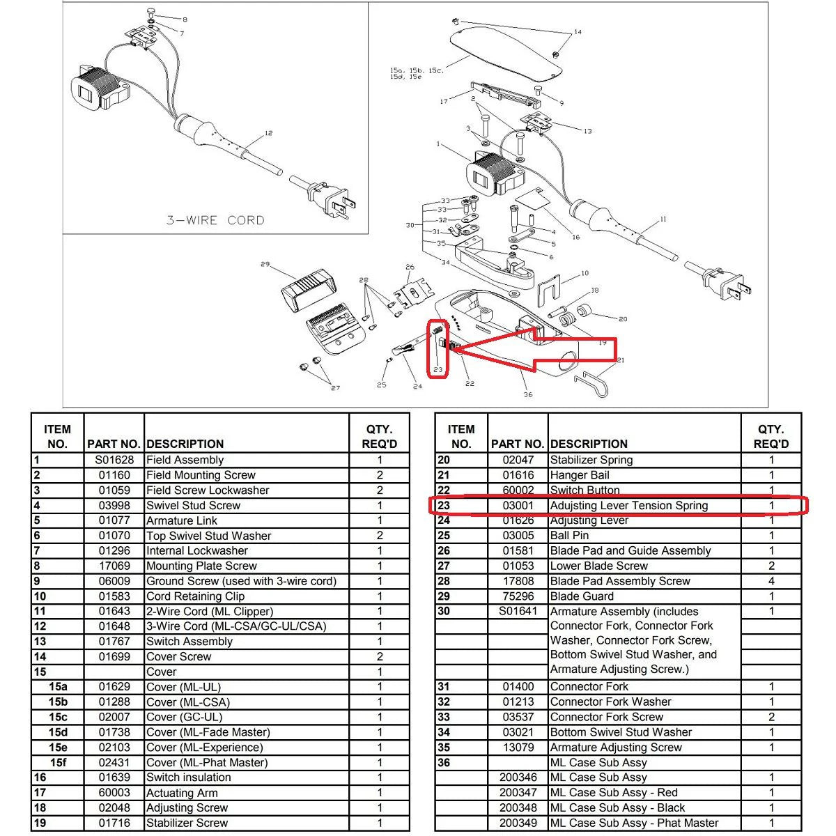 Andis Master Clipper adjusting lever tension spring 03001