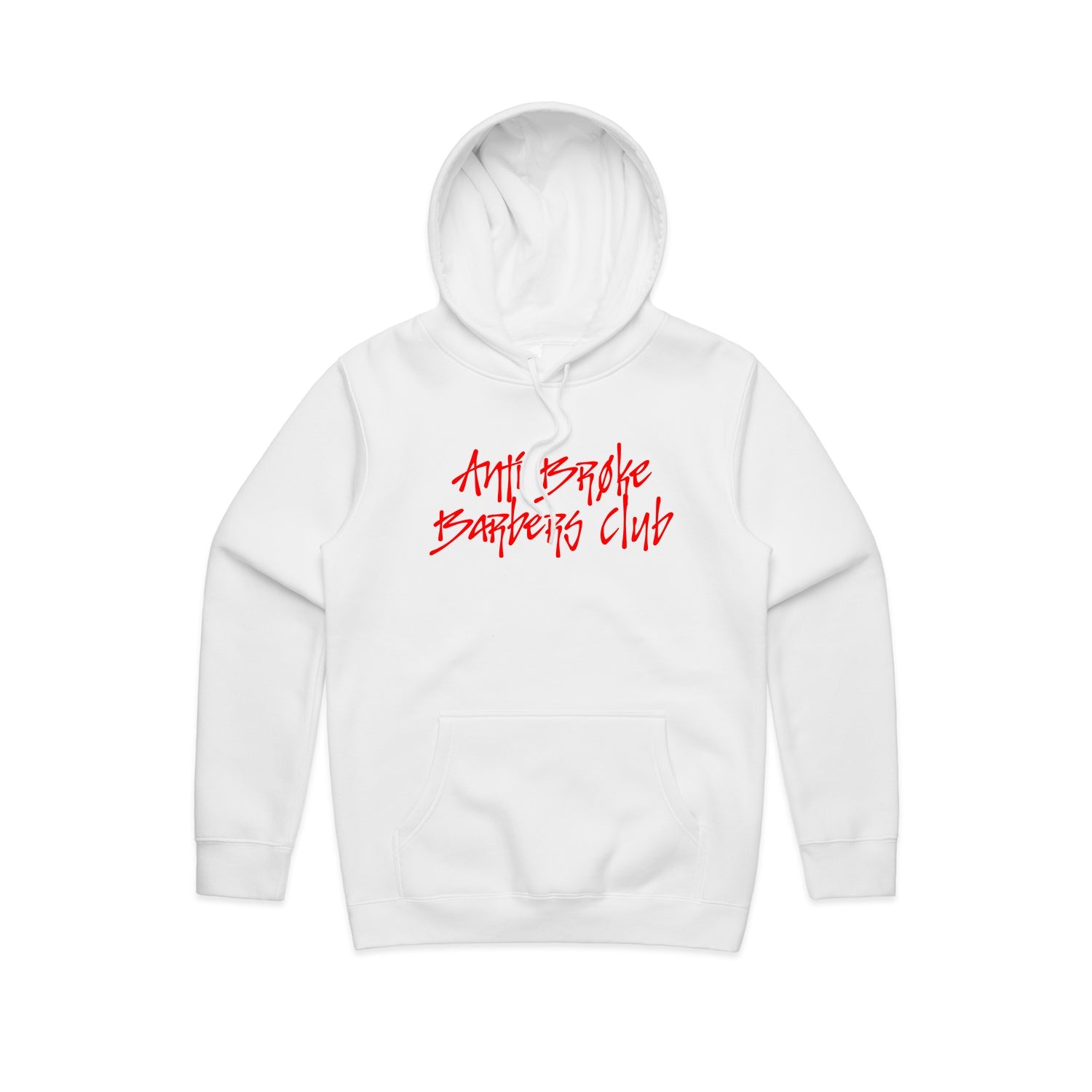 Anti Broke Barbers Club white hoodie with red graffiti logo