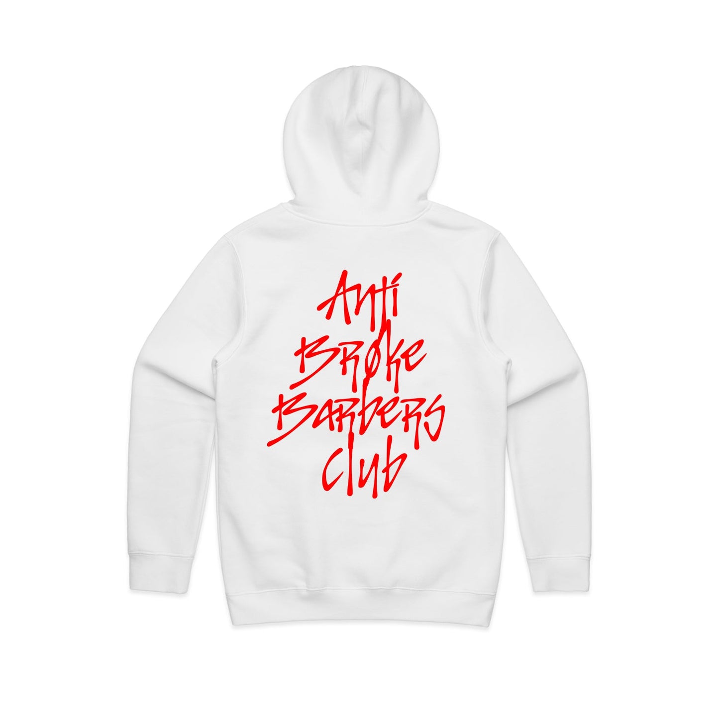 Anti Broke Barbers Club white hoodie with red graffiti logo