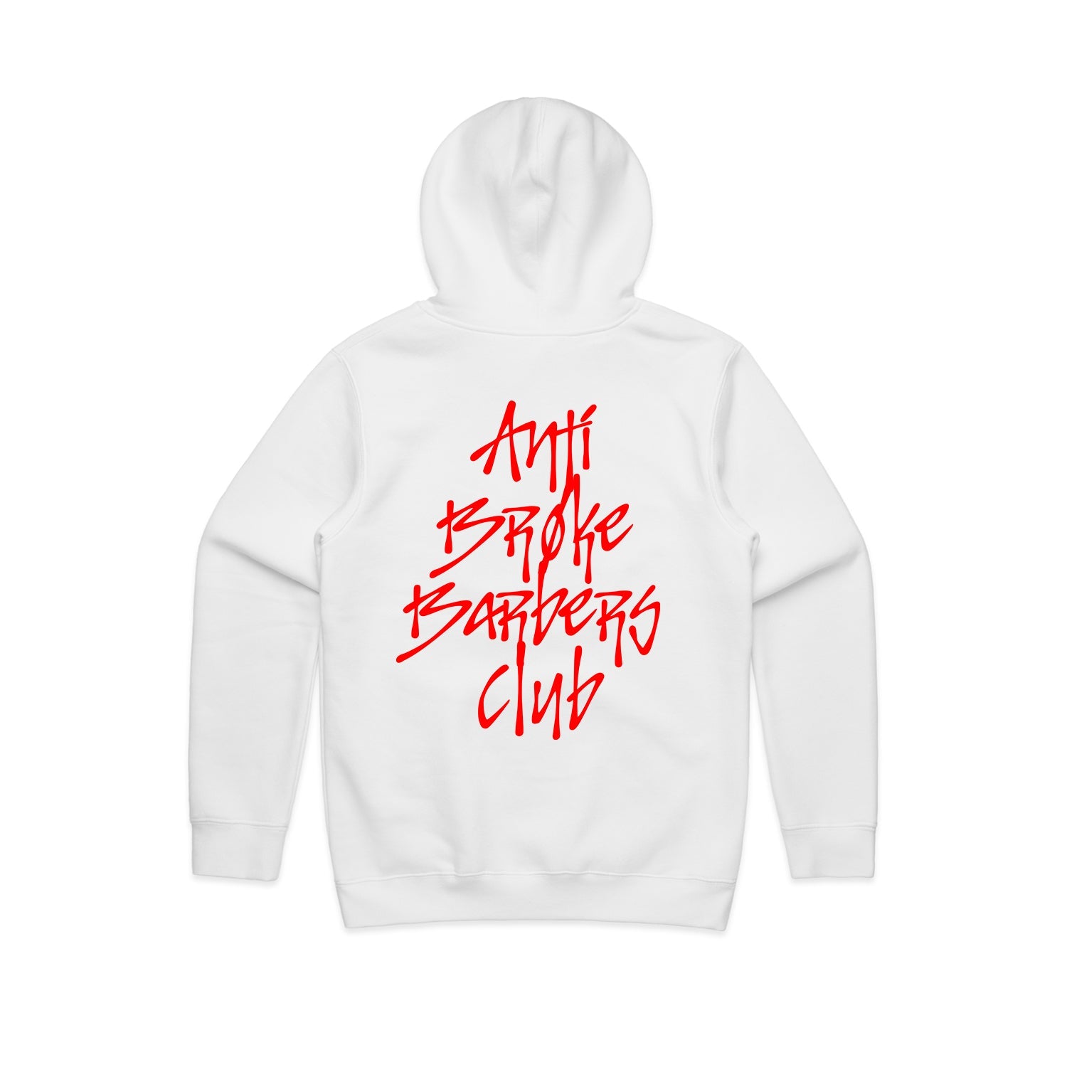 Anti Broke Barbers Club white hoodie with red graffiti logo